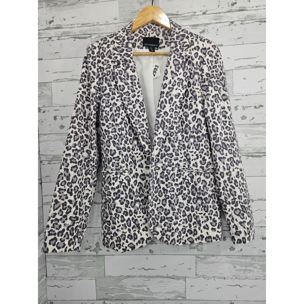 Cynthia Rowley Leopard Print Open Front Blazer Linen Blend Women Large